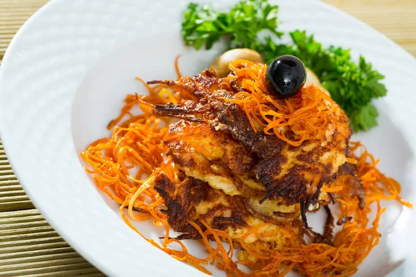 Close Tasty Fried Carrot Pancakes Mushrooms Greens Served Plate — Stock Photo, Image