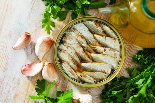 Tin Can Smoked Sprats Sardines High Quality Photo — Stock Photo, Image