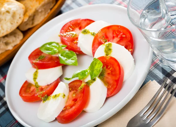 Appetizing Salad Young White Cheese Tomatoes Served Plate — Stock Photo, Image