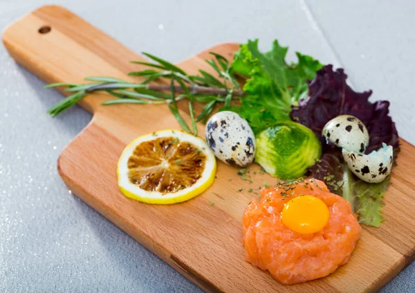 Fresh Salmon Tartar Quail Egg Spices Wooden Board — Stock Photo, Image