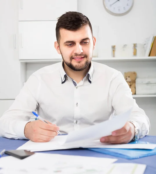 Smiling Male Signing Papers Financial Agreement Home — Stock Photo, Image