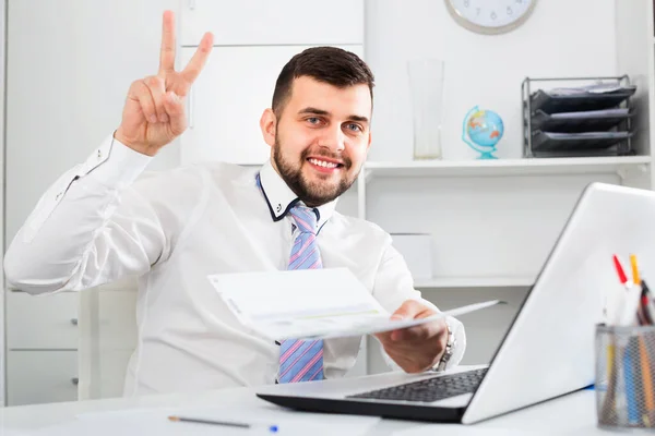 Young Happy Male Worker Working Productively Project Office — Stock Photo, Image