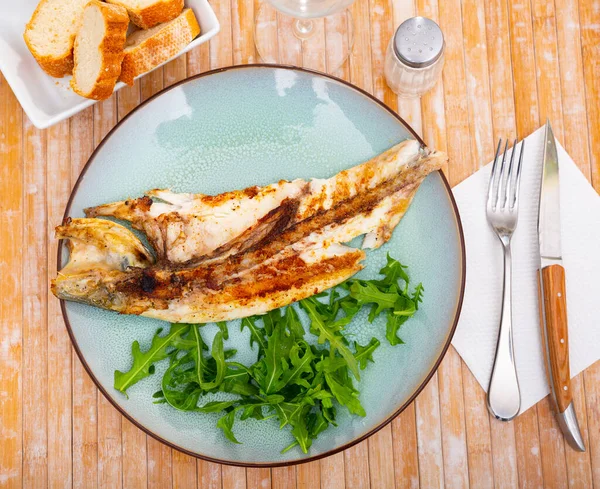 Delicious Fish Dish Grilled European Bass Served Fresh Greens — Fotografia de Stock