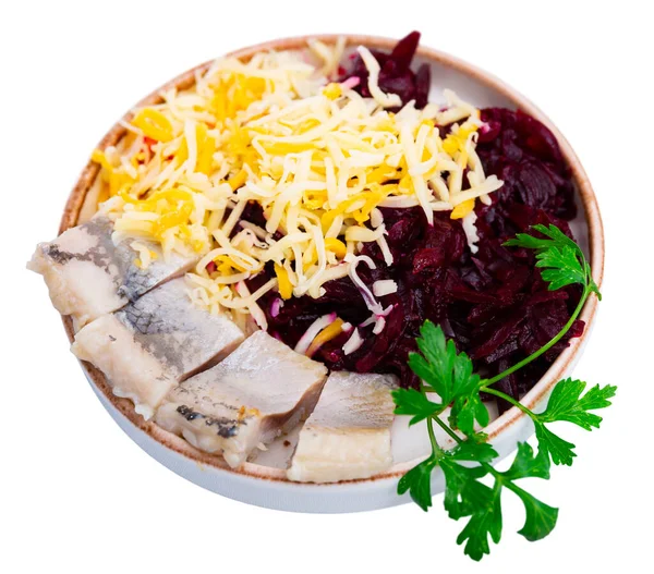 Sliced Herring Grated Beetroot Cheese Chopped Fish Grated Beet Parlsey — Foto Stock
