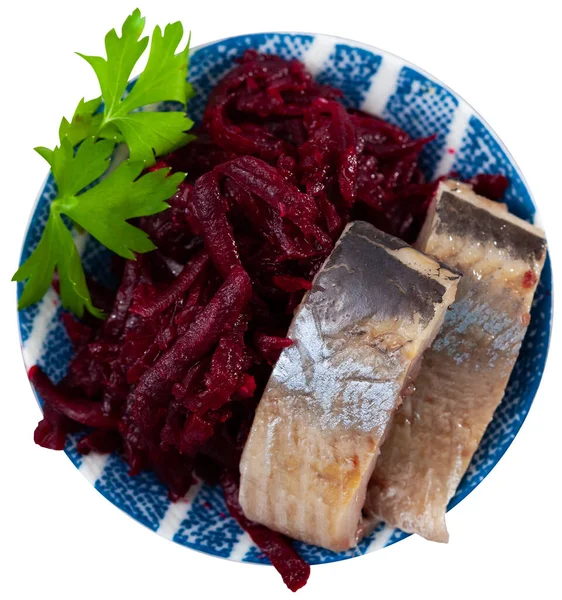 Sliced Herring Beetroot Chopped Fish Grated Beet Isolated White Background — Fotografia de Stock