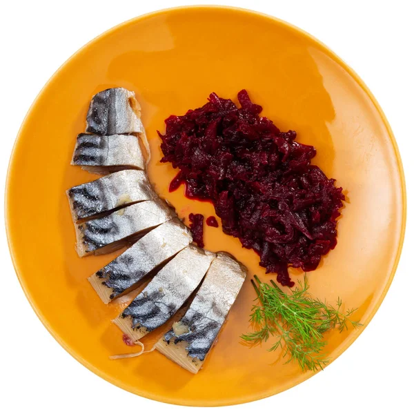 Sliced Cold Smoked Mackerel Fish Boiled Beet Salad Garnished Fresh — Stock Photo, Image