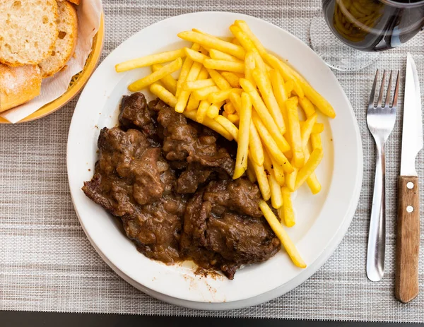 Just Prepared Braised Beef Mushrooms Potato Served Plate Restaurant — Stockfoto