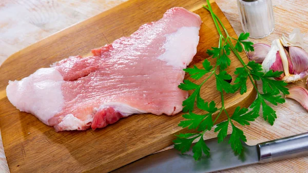 Fresh Meat Raw Pork Secreto Steak Spices Prepared Cooking Wooden — Stok fotoğraf