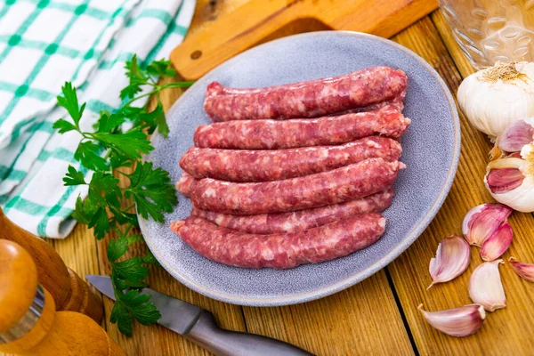 Raw Sausages Longaniza Prepared Barbecue Plate Traditional Catalan Meat Products — Stock Photo, Image