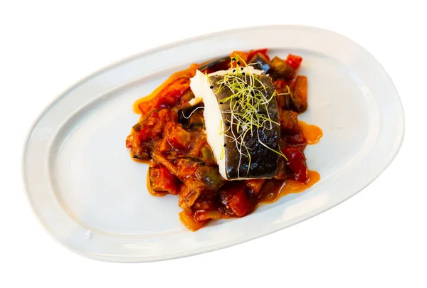 Popular Dish Spanish Cuisine Bacala Made Fish Vegetables Isolated White — Stock Photo, Image