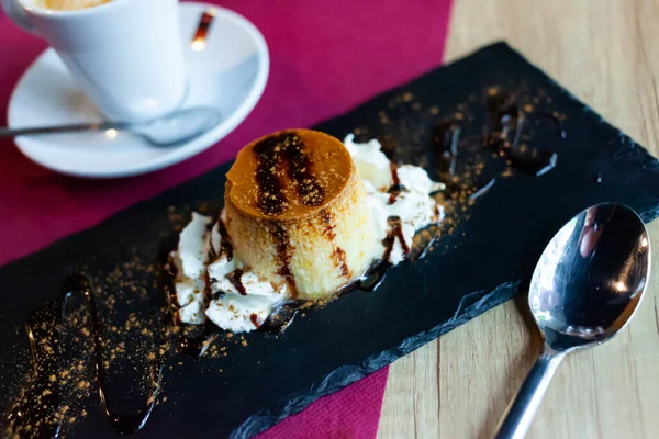 Flan Cream Served Black Board Cup Coffee Caramel Pudding Dessert — Stock Photo, Image