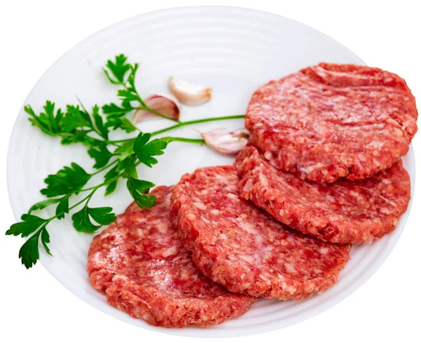 Shaped Patties Burgers Raw Ground Beef Meat Fresh Parsley Sprigs — Stock Photo, Image