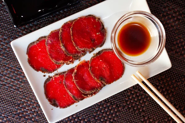 Traditional Japanese Dish Gyusashi Thin Slices Raw Beef Sweet Soy — Stock Photo, Image