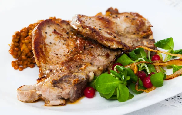 Grilled Pork Rib Chop Steak White Plate Served Lentils Mash — Stock Photo, Image