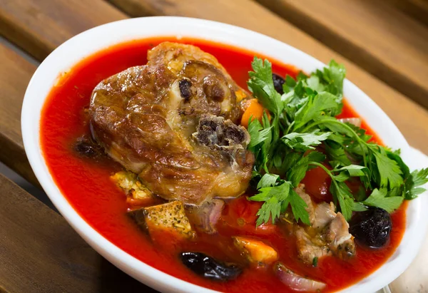 Delicious Lamb Soup Cherry Tomatoes Dried Apricots Prunes — Stock Photo, Image