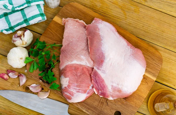 Raw Slice Iberian Pork Secret Parsley Kitchen Board — Foto Stock