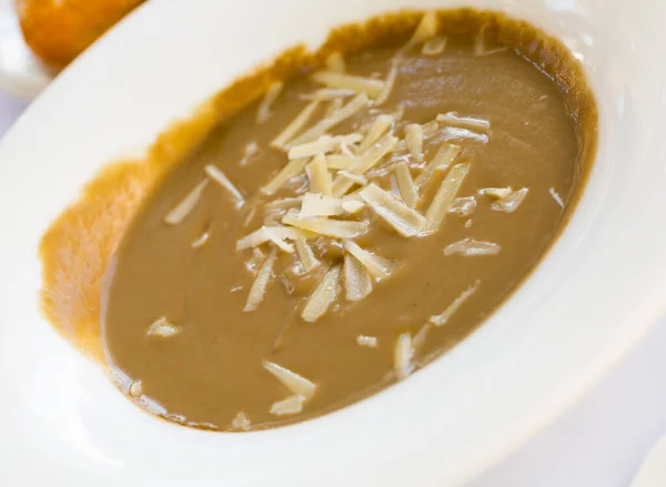 Appetizing Mushroom Cream Soup Garnished Grated Parmesan White Bowl — Foto Stock