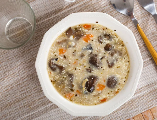 用森林蘑菇 猪肉和蔬菜与酸奶一起烹调的自制肉汤 — 图库照片