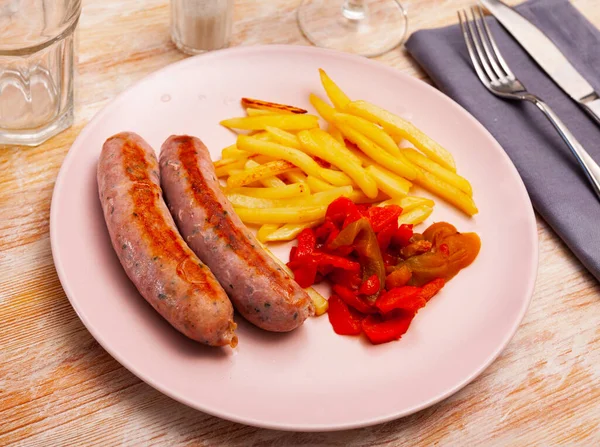 Delicious Sausages Fried Potatoes Stewed Peppers — Stock Photo, Image