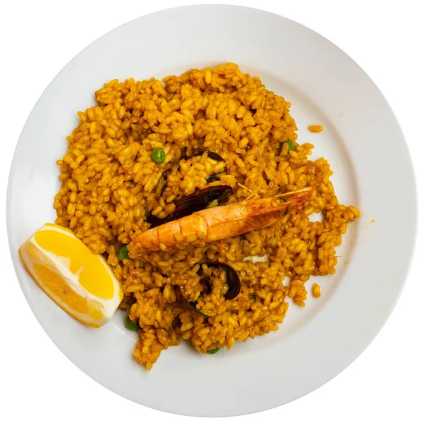 Appetizing Dish Spanish Cuisine Paella Seafood Tinted Saffron Decorated Slice — Stock Photo, Image