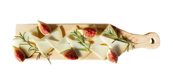 Serving Board Slices Hard Goat Cheese Garnished Sweet Ripe Figs — Stock Photo, Image