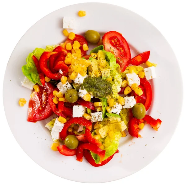Healthy Fresh Salad Lettuce Red Sweet Pepper Tomato Corn Olives — Zdjęcie stockowe
