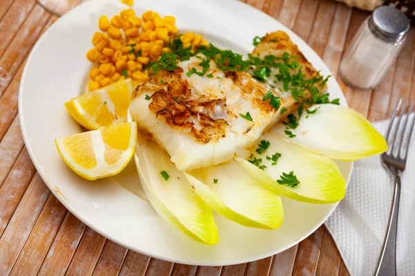 Delicious Fried Cod Fillet Endive Corn Greens Plate — Stock Photo, Image