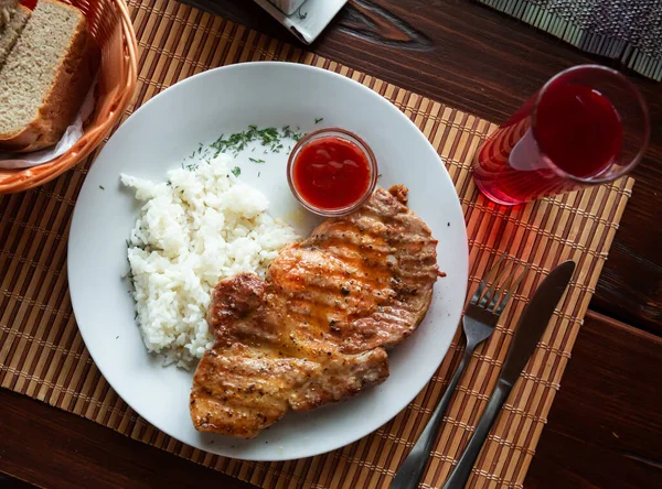 Delicious Fried Pork Escalope Side Dish Boiled White Rice Served — Stock Photo, Image