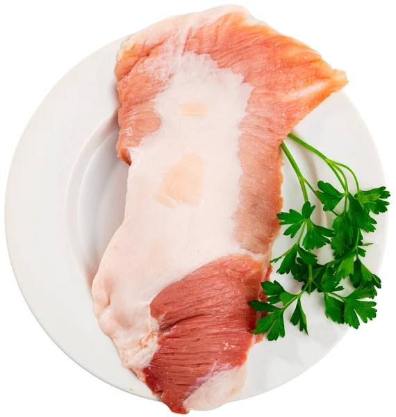 Raw Meat Pork Steaks Spices White Plate Secreto Cerdo Prepared — Fotografia de Stock
