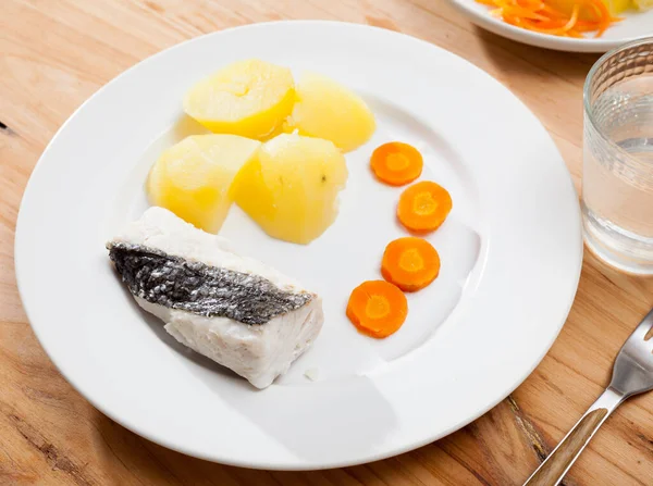 Closeup Codfish Prepared Steam Potatoes Carrots Plate — Stock Photo, Image