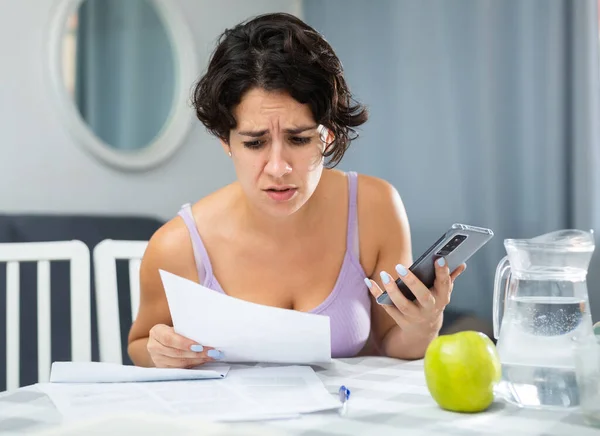 Frustrated Brunette Woman Unhappy Payment Document Utilities — Foto Stock