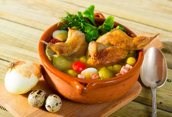 Soup Poultry Ham Olives Quail Eggs Pickled Cucumbers Quail Broth — Stock Photo, Image