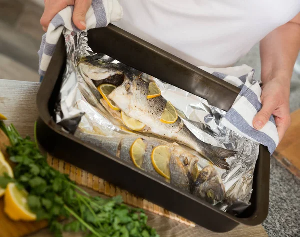 Close Image Baked Lemon Dorado Fish Baking Dish — Stock Photo, Image