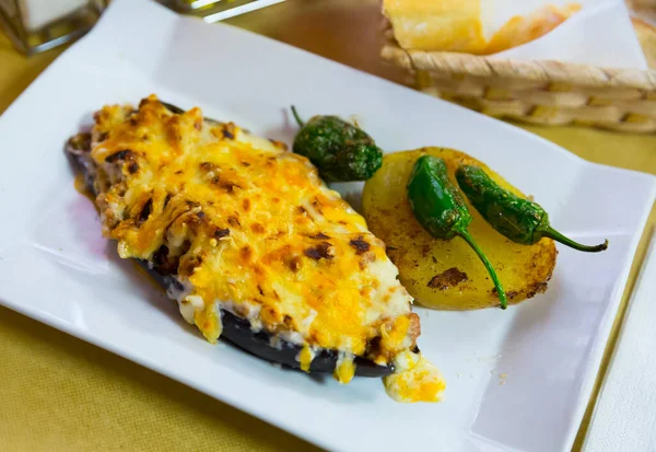 Tasty Dish Spanish Cuisine Baked Eggplant Stuffed Meat Bechamel Served — Foto de Stock