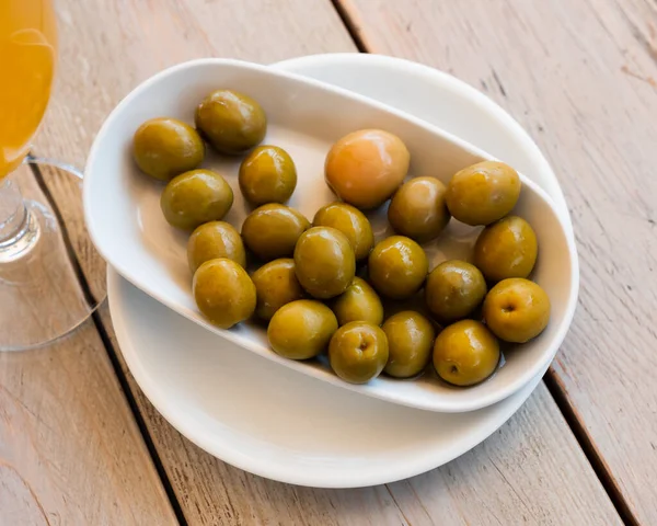Typical Spanish Tapas Appetizing Pickled Green Olives Stone — Stock Photo, Image