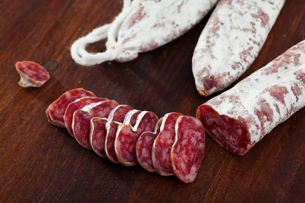 Fuet Traditional Spanish Dry Cured Sausage Wooden Table — Stock Photo, Image