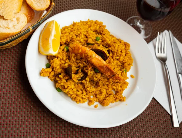 Spains National Dish Paella Marisco Served Plate Boiled Rice Seafood — Stock Photo, Image