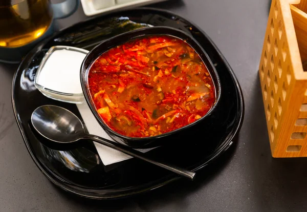 おいしい肉汁ソリャンカのスープにサワークリームとハーブが添えられています — ストック写真