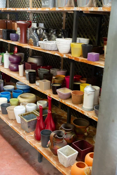 庭の店で植物のための粘土鍋で行 高品質の写真 — ストック写真