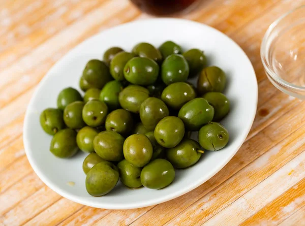 Pickled Green Olives Stone Typical Spanish Tapas — Stock Photo, Image
