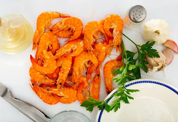 stock image Dish of Mediterranean cuisine - baked in oven langoustine served with lemon