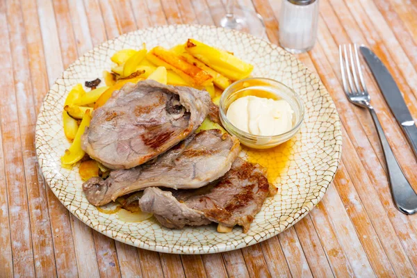 Tasty Juicy Baked Pork Chops Bone Served Garnish French Fries — Stock Photo, Image