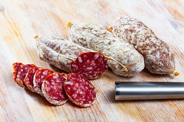 Traditional Italian Dry Cured Sausage Salamini Italiani Alla Cacciatora Wooden — Stock Photo, Image