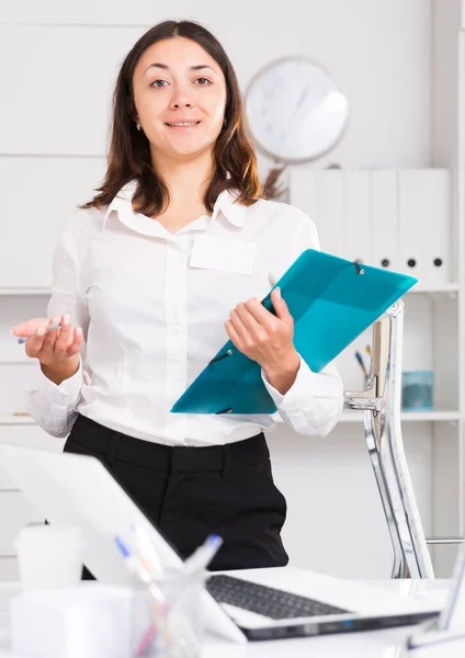 Young Girl Manager Holding Clipboard Inviting Working Office — Stock Photo, Image