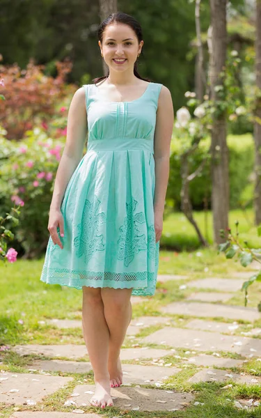 Portrait Young Happy Russian Female Dress Roses Park — Stock Photo, Image