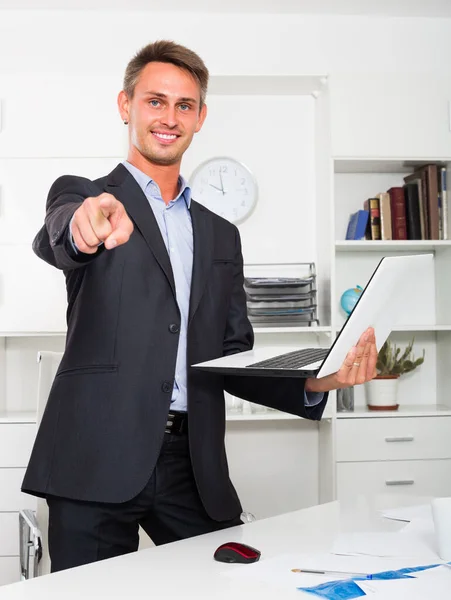 Positive Business Male Employee Standing Laptop Hands Firm Office — Stock Photo, Image