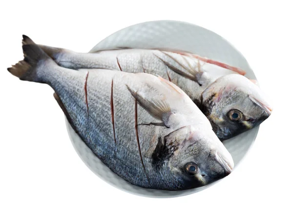 Dvě Stříbrné Dorádové Ryby Připravené Smažení Izolované Přes Bílé Pozadí — Stock fotografie