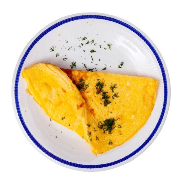 Deliciosa Omelete Ovos Placa Branca Isolado Sobre Fundo Branco — Fotografia de Stock