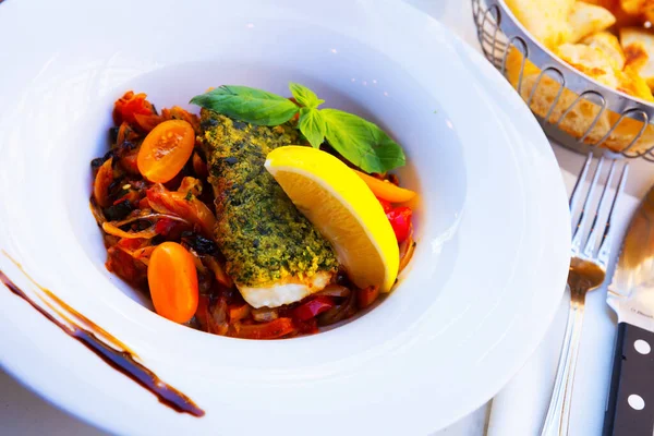 Roasted White Fish Fillet Served Stewed Vegetables Lemon — Stock Photo, Image