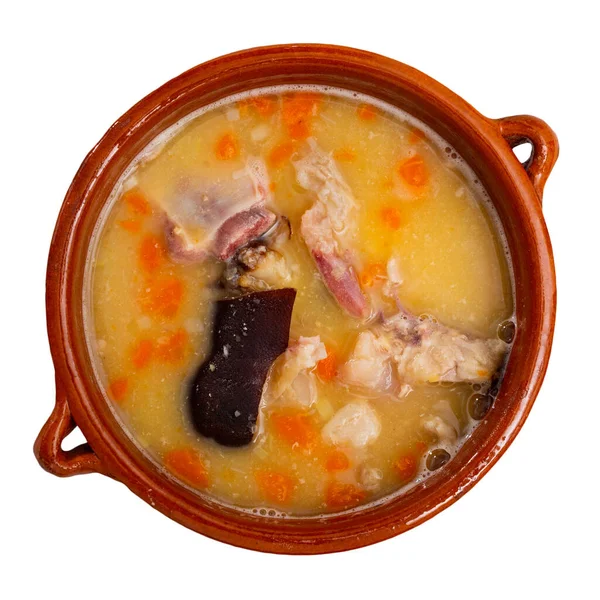 Deliciosa Sopa Guisantes Con Carnes Ahumadas Zanahorias Naranja Enfría Plato — Foto de Stock